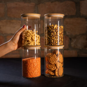 Borosilicate Glass Storage Jar with Wooden Lid (4 Pcs)