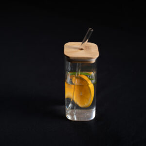 Borosilicate Glass Tumbler with Glass Straw & Wooden Lid (Set of 1pcs)