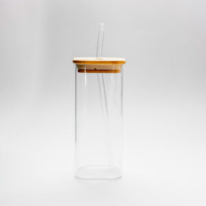 Borosilicate Glass Tumbler with Glass Straw & Wooden Lid (Set of 2pcs)